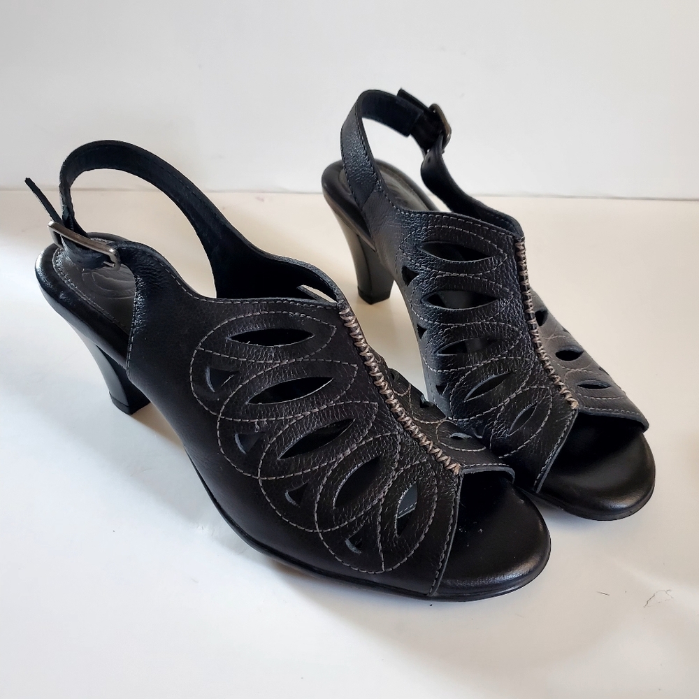 Narture Penelope Black Open Toe Slingback  Reticulated Leather Upper Size 7.5